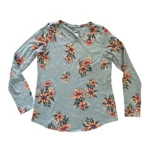 Women's Sonoma Everyday Long Sleeve V-Neck Tee Olive Green Pattern Sunflower